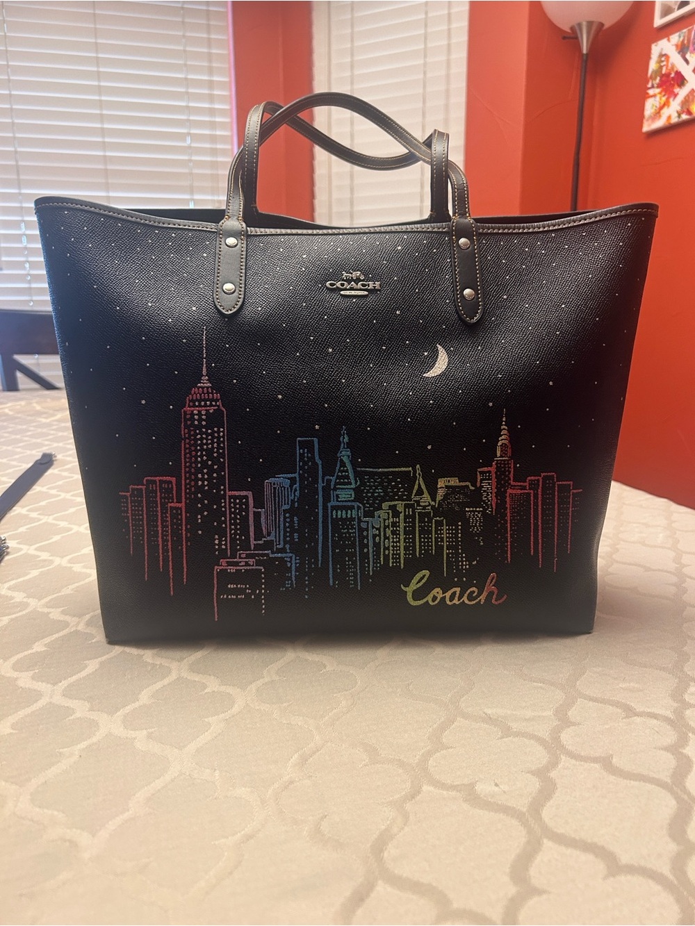 Coach Black Leather Tote with Multicolor Skyline Print- Reversible